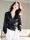 Women High Quality Satin Long Sleeves Lacey V-Neck Border Tops